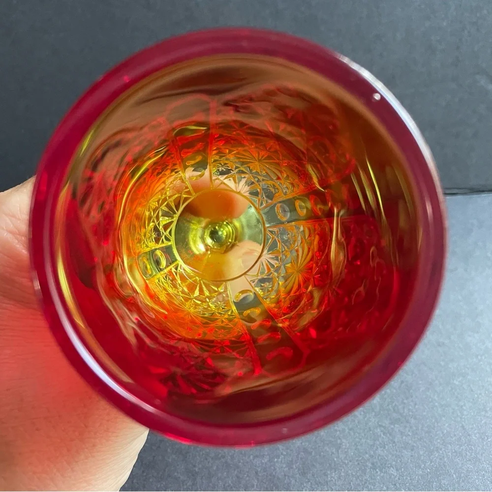 Vintage L.G. Wright Daisy And Button Amberina Wine Cordial Glass Red Yellow